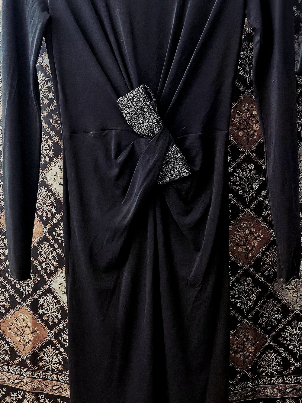 Armani Collezioni Black Long-Sleeve Dress with Twist Front and Beaded Bow Detail